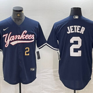 Men's New York Yankees #2 Derek Jeter Number Navy Cool Base Stitched Baseball Jersey