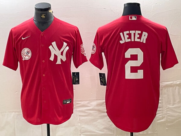 Men's New York Yankees #2 Derek Jeter Red Cool Base Stitched Baseball Jersey