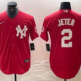 Men's New York Yankees #2 Derek Jeter Red Cool Base Stitched Baseball Jersey