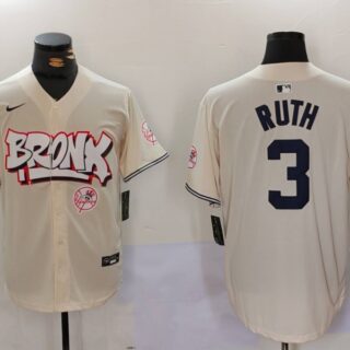 Men's New York Yankees #3 Babe Ruth Cream The Bronx Graffiti V2 Vapor Limited Stitched Baseball Jersey
