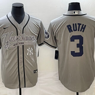 Men's New York Yankees #3 Babe Ruth Gray With Patch Cool Base Stitched Baseball Jersey