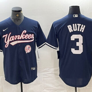 Men's New York Yankees #3 Babe Ruth Navy With Patch Cool Base Stitched Baseball Jersey