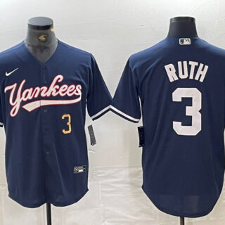 Men's New York Yankees #3 Babe Ruth Number Navy Cool Base Stitched Baseball Jersey