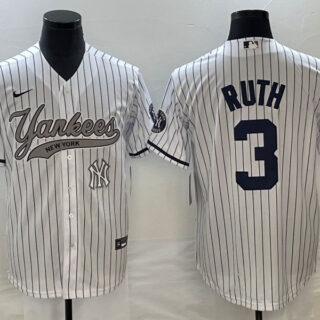 Men's New York Yankees #3 Babe Ruth White With Patch Cool Base Stitched Baseball Jersey