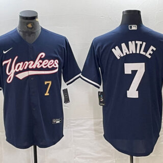 Men's New York Yankees #7 Mickey Mantle Number Navy With Patch Cool Base Stitched Baseball Jersey