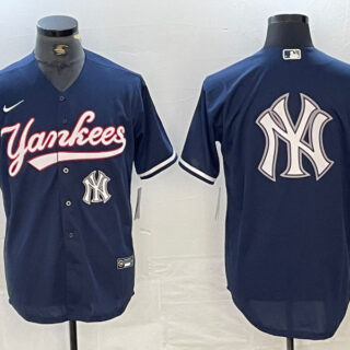 Men's New York Yankees Big LOGO Navy Cool Base Stitched Baseball Jersey