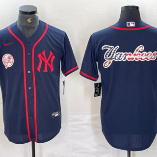 Men's New York Yankees Big LOGO Navy Cool Base Stitched Baseball Jersey