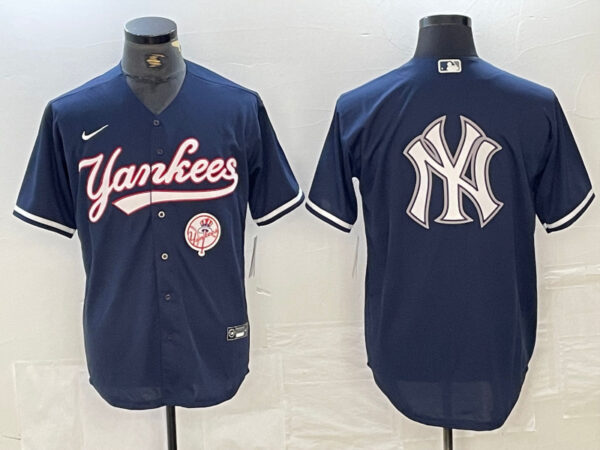 Men's New York Yankees Big LOGO Navy Cool Base Stitched Baseball Jersey