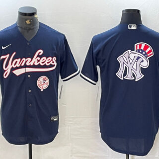 Men's New York Yankees Big LOGO Navy Cool Base Stitched Baseball Jersey