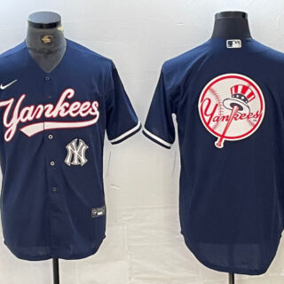 Men's New York Yankees Big LOGO Navy Cool Base Stitched Baseball Jersey