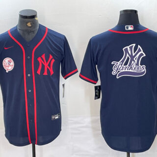 Men's New York Yankees Big LOGO Navy Cool Base Stitched Baseball Jersey
