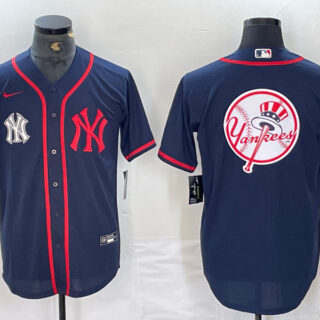 Men's New York Yankees Big LOGO Navy Cool Base Stitched Baseball Jersey