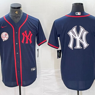 Men's New York Yankees Big LOGO Navy Cool Base Stitched Baseball Jersey