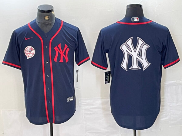 Men's New York Yankees Big LOGO Navy Cool Base Stitched Baseball Jersey