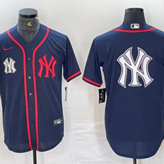 Men's New York Yankees Big LOGO Navy Cool Base Stitched Baseball Jersey
