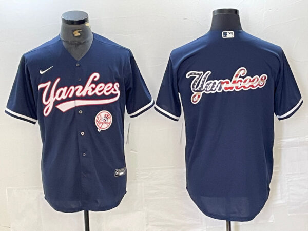 Men's New York Yankees Big LOGO Navy Cool Base Stitched Baseball Jersey