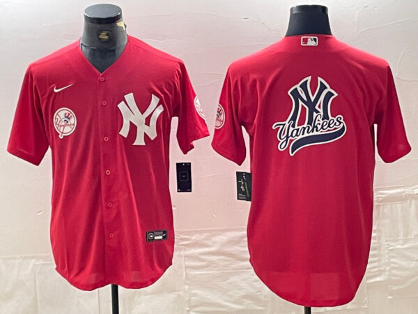 Men's New York Yankees Big Logo Red Cool Base Stitched Baseball Jersey