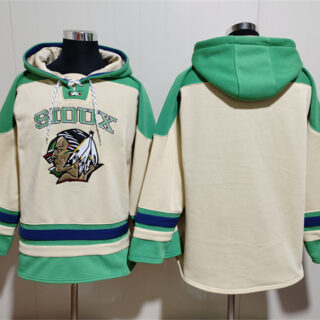 Men's North Dakota Fighting Hawks Blank Cream Green Lace-Up Pullover Hoodie