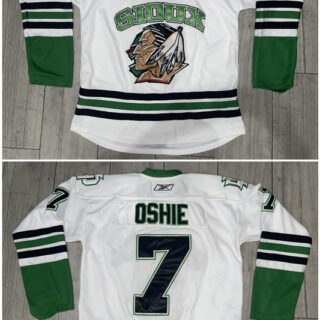 Men's North Dakota Fighting Sioux #7 T.J Oshie White Stitched Jersey