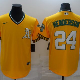 Men's Oakland Athletics #24 Rickey Henderson Yellow Nike Throwback Cool Base Jersey
