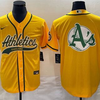Men's Oakland Athletics Yellow Team Big Logo Cool Base Stitched Baseball Jersey 001