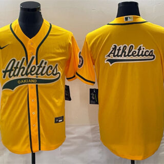 Men's Oakland Athletics Yellow Team Big Logo Cool Base Stitched Baseball Jersey 002