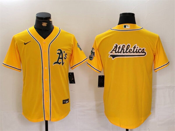 Men's Oakland Athletics Yellow Team Big Logo Cool Base Stitched Baseball Jerseys