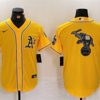 Men's Oakland Athletics Yellow Team Big Logo Cool Base Stitched Baseball Jersey