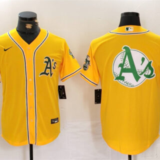 Men's Oakland Athletics Yellow Team Big Logo Cool Base Stitched Baseball Jerseys