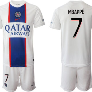 Men's Paris Saint-Germain #7 Mbappe 2023 White Away Soccer Jersey Suit