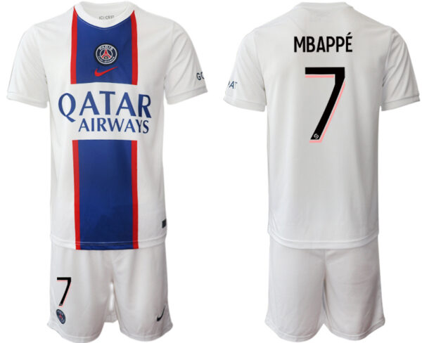 Men's Paris Saint-Germain #7 Mbappe 2023 White Away Soccer Jersey Suit