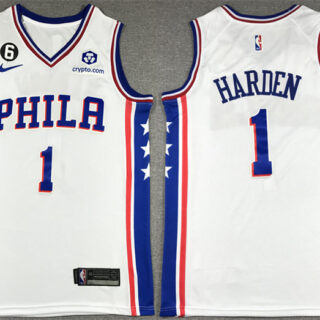 Men's Philadelphia 76ers #1 James Harden White With NO.6 Patch Stitched Jersey