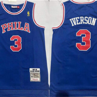 Men's Philadelphia 76ers #3 Allen Iverson Blue Throwback Stitched Basketball Jersey