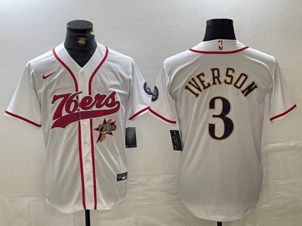 Men's Philadelphia 76ers #3 Allen Iverson White Cool Base Stitched Baseball Jerseys