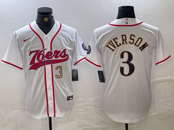 Men's Philadelphia 76ers #3 Allen Iverson White Cool Base Stitched Baseball Jerseys