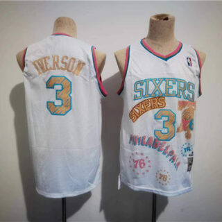 Men's Philadelphia 76ers #3 Allen Iverson White Throwback Basketball Jersey