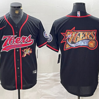 Men's Philadelphia 76ers Team Big Logo Black Cool Base Stitched Baseball Jerseys