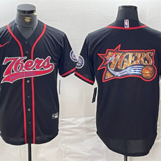 Men's Philadelphia 76ers Team Big Logo Black Cool Base Stitched Baseball Jersey