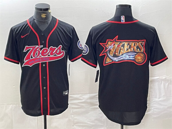 Men's Philadelphia 76ers Team Big Logo Black Cool Base Stitched Baseball Jersey