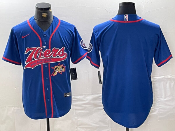 Men's Philadelphia 76ers Team Big Logo Royal Cool Base Stitched Baseball Jerseys