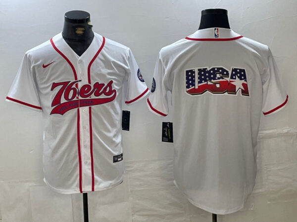 Men's Philadelphia 76ers Team Big Logo White Cool Base Stitched Baseball Jerseys