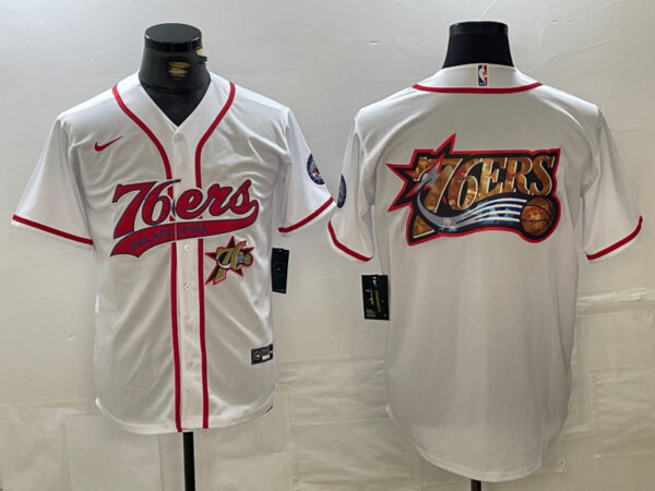 Men's Philadelphia 76ers Team Big Logo White Cool Base Stitched Baseball Jerseys