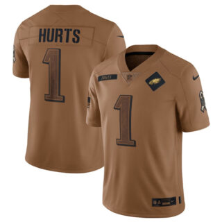 Men's Philadelphia Eagles #1 Jalen Hurts 2023 Brown Salute To Service Limited Stitched Football Jersey