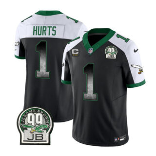 Men's Philadelphia Eagles #1 Jalen Hurts Black White 2023 F.U.S.E. With 3-Star C Patch Throwback Vapor Untouchable Limited Stitched Football Jersey