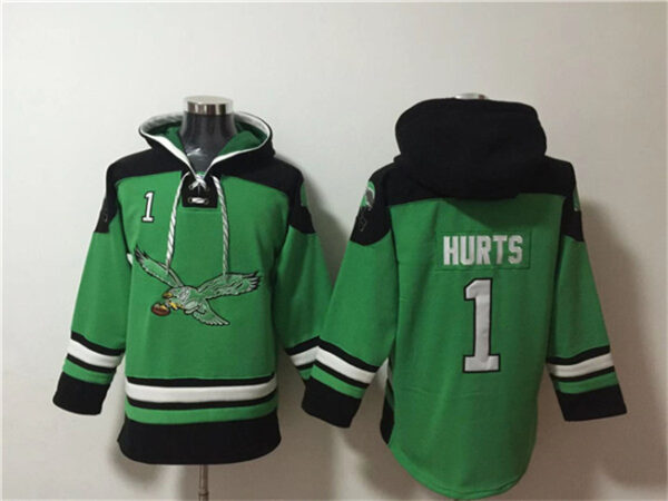 Men's Philadelphia Eagles #1 Jalen Hurts Green Ageless Must-Have Lace-Up Pullover HoodieS