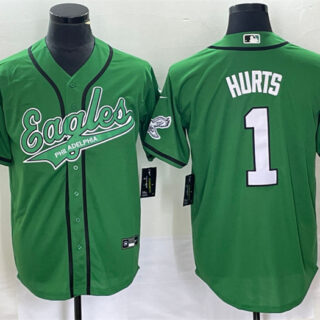Men's Philadelphia Eagles #1 Jalen Hurts Green Cool Base Stitched Baseball Jersey