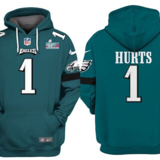 Men's Philadelphia Eagles #1 Jalen Hurts Green Super Bowl LVII Patch Pullover Hoodie
