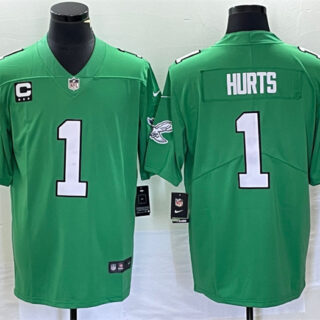 Men's Philadelphia Eagles #1 Jalen Hurts Green Vapor Limited With C Patch Stitched Football Jersey