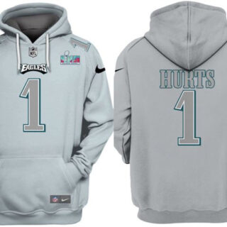 Men's Philadelphia Eagles #1 Jalen Hurts Grey Atmosphere Fashion Super Bowl LVII Patch Pullover Hoodie