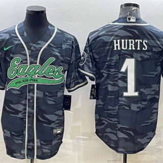 Men's Philadelphia Eagles #1 Jalen Hurts Grey Camo With Patch Cool Base Stitched Baseball Jersey